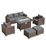 Amopatio Outdoor Patio Furniture Sets, 8 Pieces Wicker Patio Furniture, Outdoor Sectional Patio Couch Set with Ottoman, Outdoor Conversation Set with 44" Gas Fire Pit for Outside (Grey) Amopatio