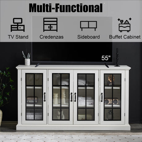 AMERLIFE 63" Sideboard, 6 Adjustable Shelves Sideboard Buffet Cabinet with 4 Doors, Accent Storage Credenzas for Dining Room, Living Room, Distressed White AMERLIFE
