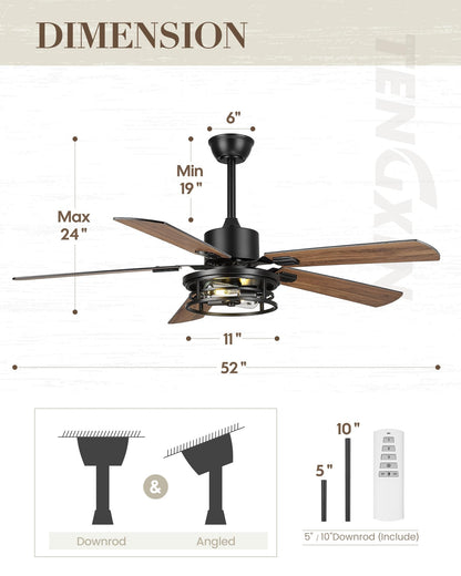 TENGXIN 52 Inch Farmhouse Ceiling Fan - Industrial Ceiling Fans with Light and Remote Control,Matte Black Ceiling Fan with 5 Reversible Blades,TXCF-BK001