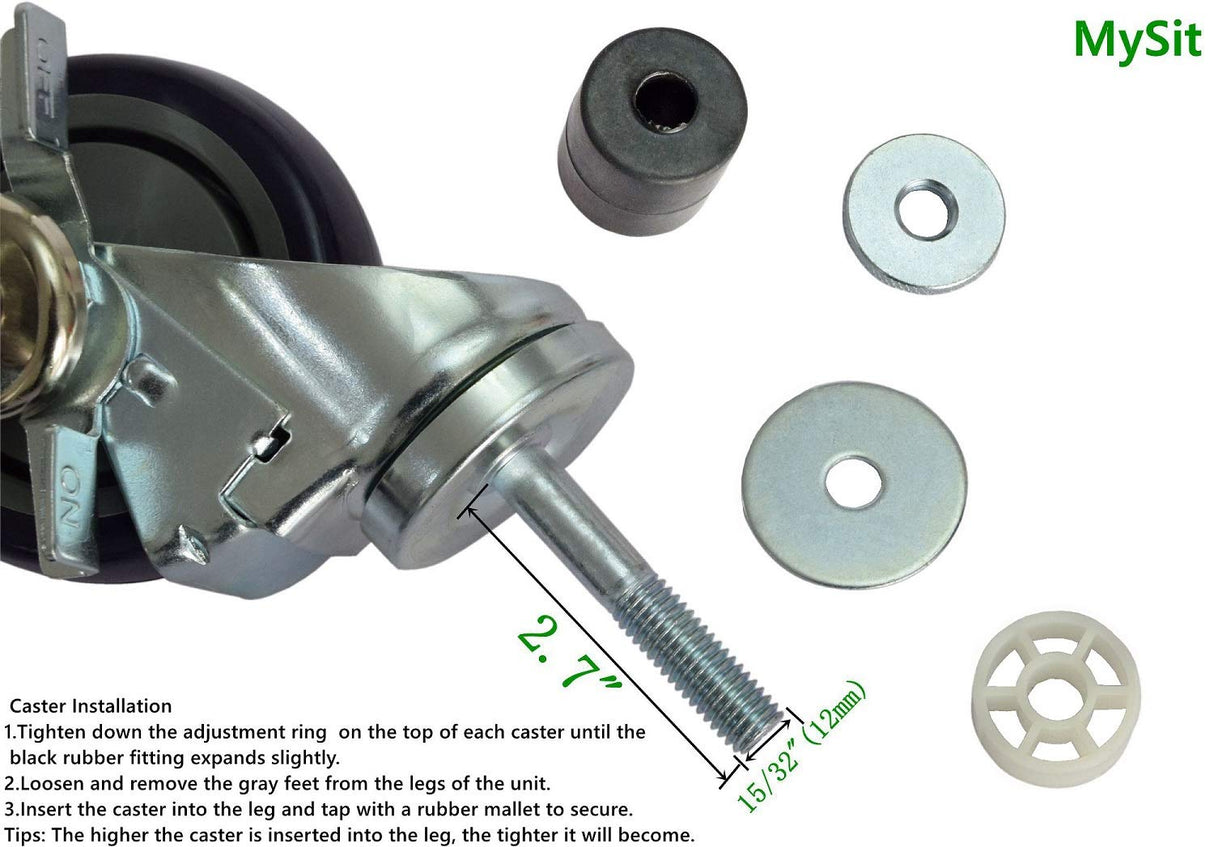 MySit 4 inch Work Table Caster Wheels for Commercial Kitchen Prep Tables, Expanding Stem Casters Set of 4 with Locking Brakes Fit Both 1-1/2" and 1-5/8" Leg Tube Adapter for Stainless Steel Worktable MySit