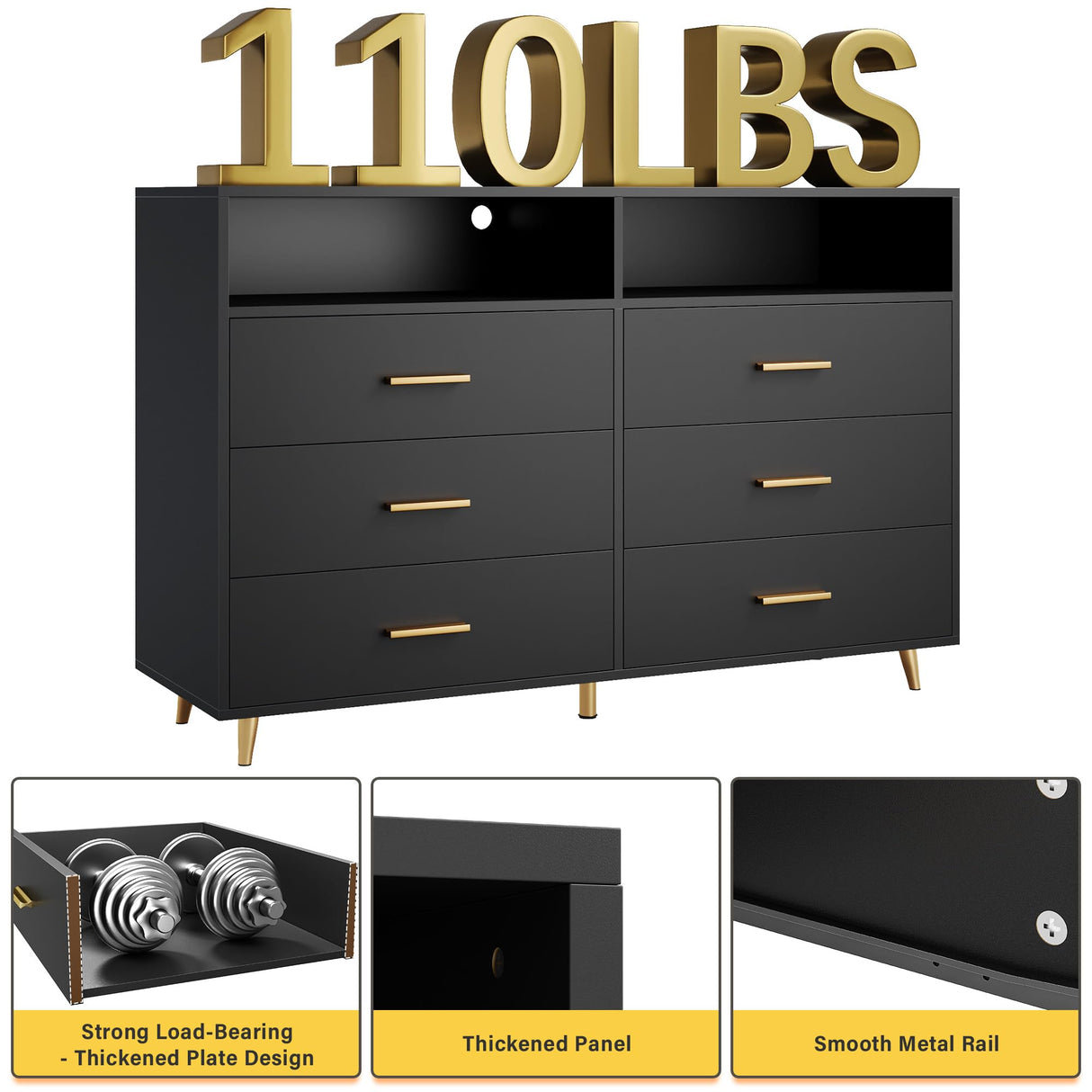 EnHomee Dresser for Bedroom,Black Dresser with LED, Wood Dresser with Smooth Metal Rail, 6 Drawer Dresser with Large Organizer Large Dresser & Chests of Drawers Wide Dresser Bedroom Furniture,Black EnHomee