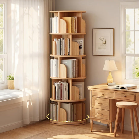 Corner Bookshelf and Bookcase, 61.81" H 5-Tier Rotating Bookshelf 360°, Book Shelf Narrow Tall Bookcase, Floor Standing Bookcases Storage Rack for Living Room, Office, Bedroom WoodArtSupply