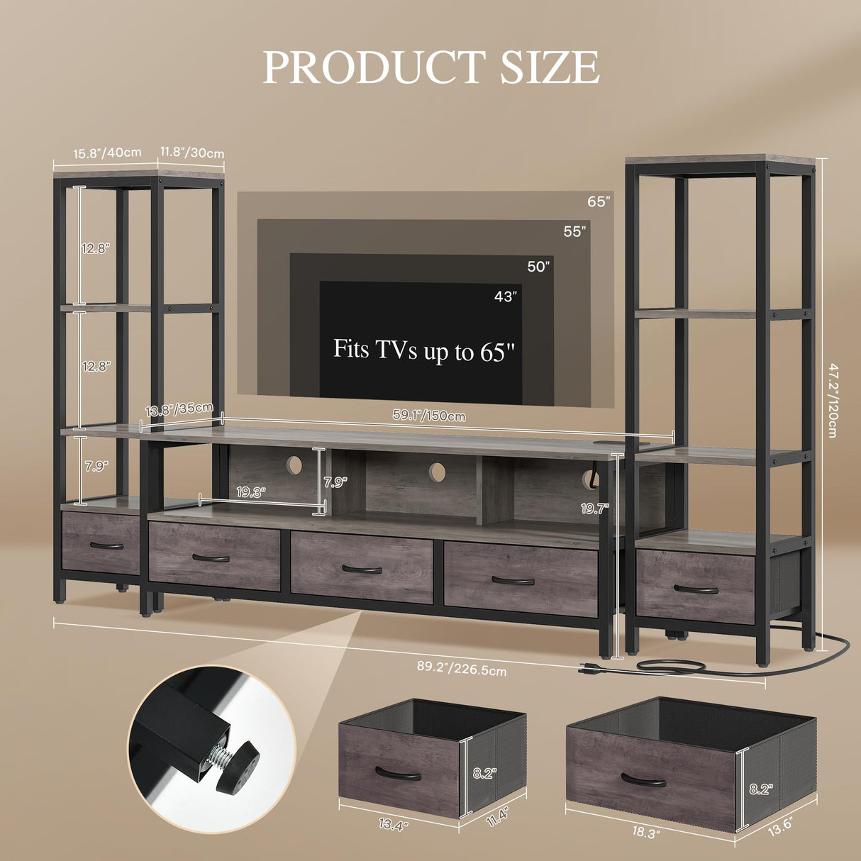 YITAHOME TV Stands for 65 inch TV Entertainment Center with 2 Industrial 4-Tier Bookshelves, LED TV Stands for Living Room, Modern Farmhouse TV Console Cabinet with Power Outlets, Grey YITAHOME