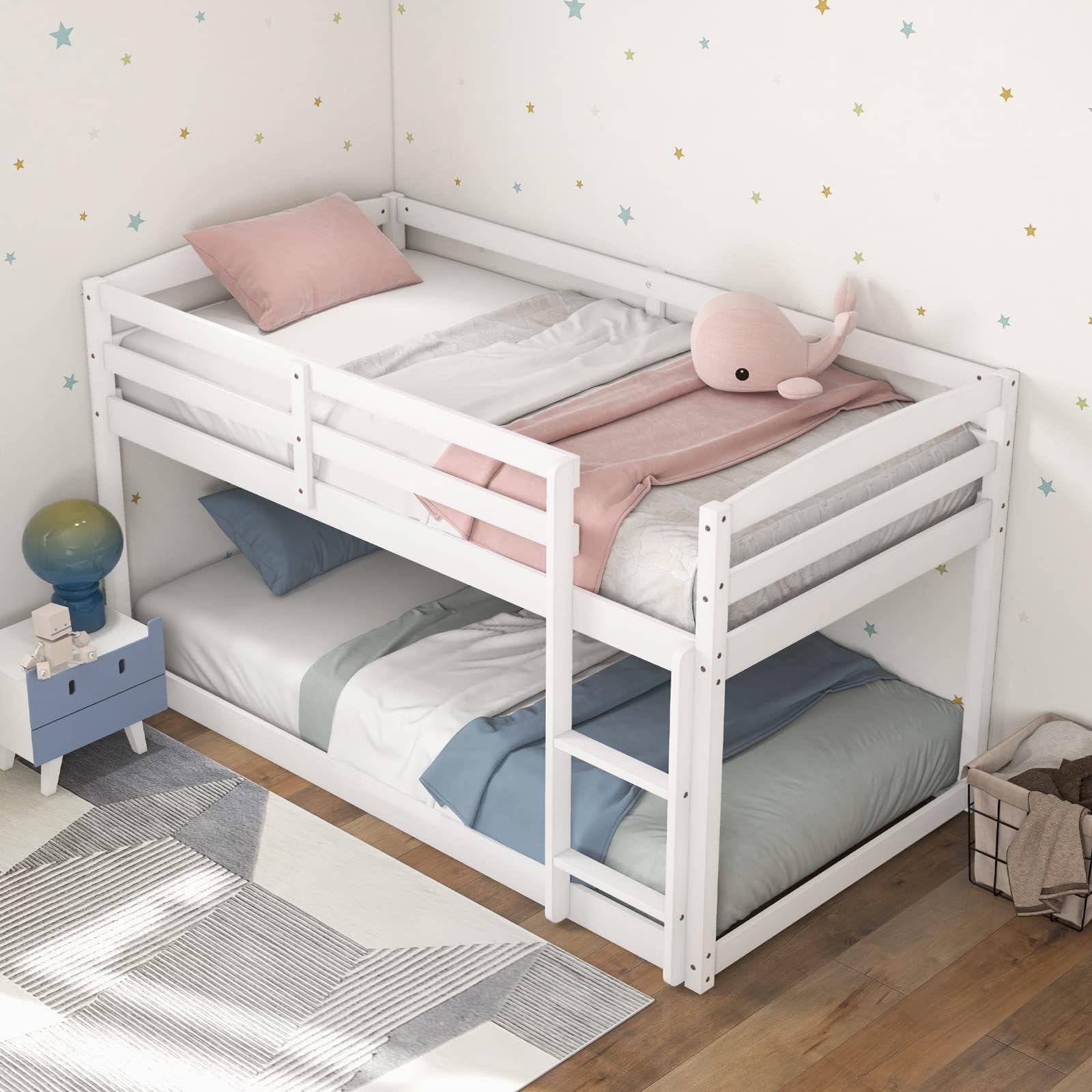 Majnesvon Twin Low Bunk Bed Frame with Slide & Ladder - Solid Wood Design for Kids in White - WoodArtSupply