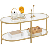 Yaheetech Gold Coffee Table, 42" Oval Glass Coffee Table for Living Room, 2-Tier Center Tea Table with Storage Shelf & Metal Frame for Small Space, Office Yaheetech