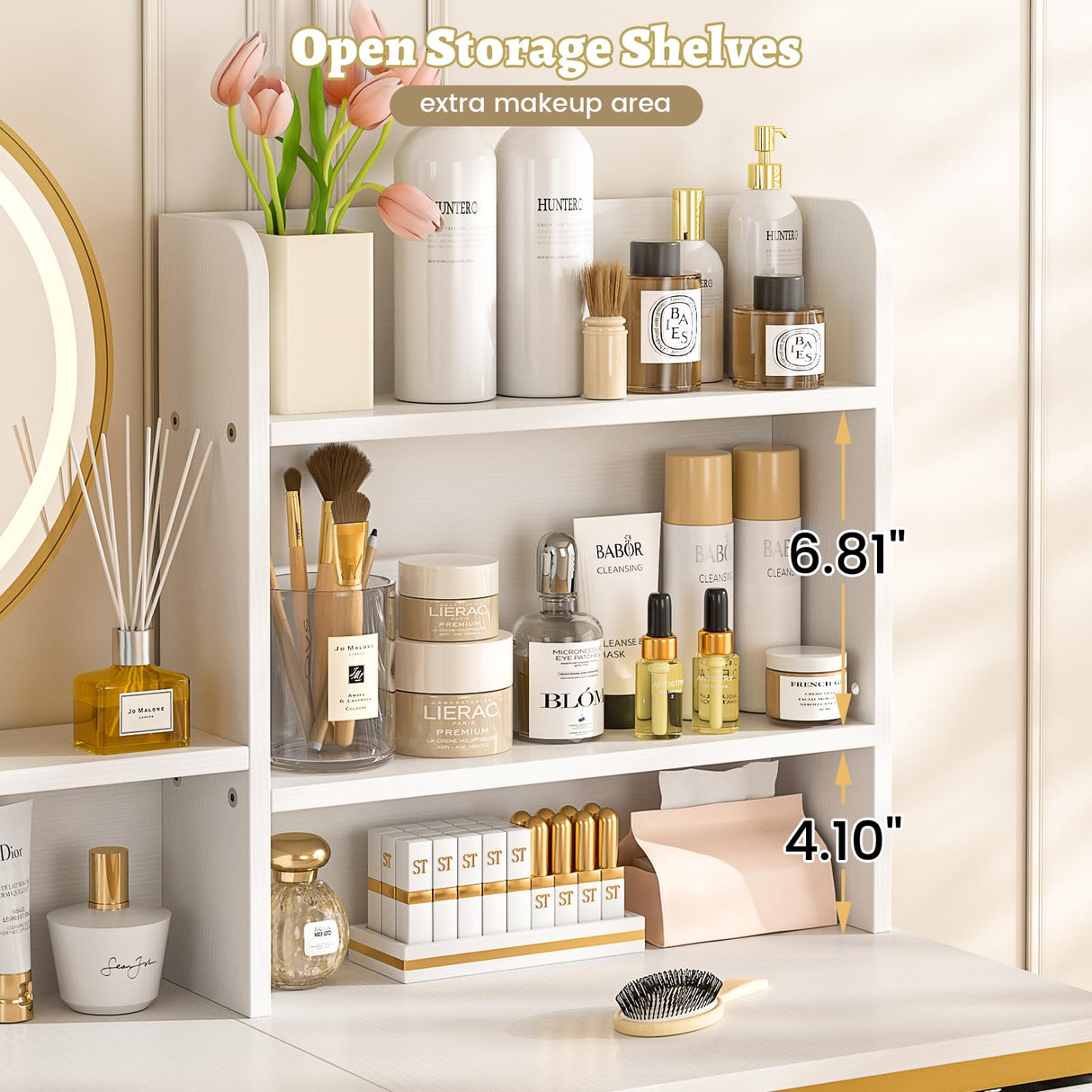 Makeup Vanity Desk No Mirror for Bedroom, Vanity Table Set with 2 Drawer and Open Storage Shelves, Small Vanity for Small Spaces, White and Gold, 31.5in(L) ThreeHio