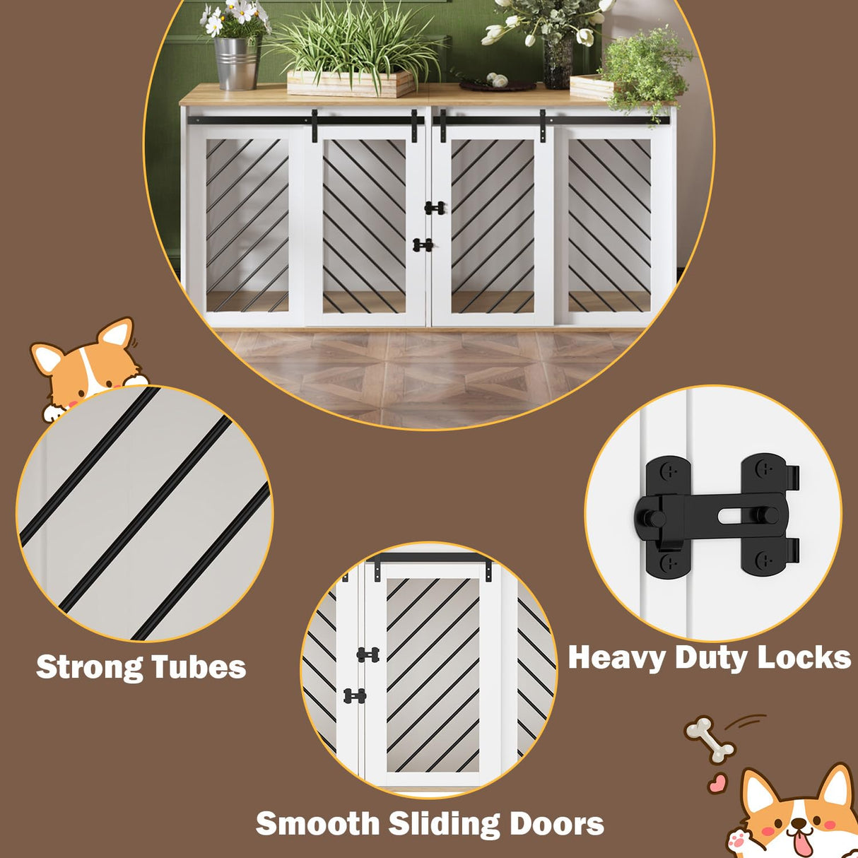 DAWNSPACES Furniture Dog Crate,71" Heavy Duty Wooden Dog Cage Kennel with a Removable Divider & Sliding Doors,Indoor Furniture Style Dog Crate Table,Dog House for Large Medium Small Dogs,White DAWNSPACES