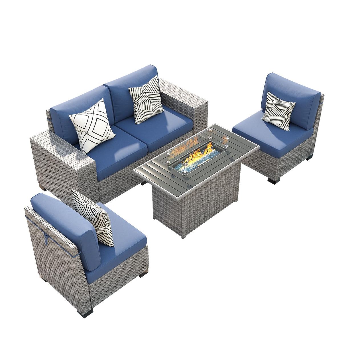 VONZOY 5 Piece Patio Furniture Set with Fire Pit Table, Outdoor Conversation Sets Grey Wicker Rattan Sectional Sofa, 4'' Thickened Cushion Navy Blue (Include Waterproof Cover) VONZOY