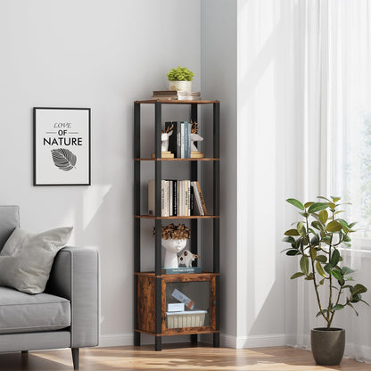 TUTOTAK 5 Tier Bookcase and Bookshelf, Narrow Book Shelf with Door for Small Space, for Living Room, Office, Study, Entryway, Brown BS03BB005