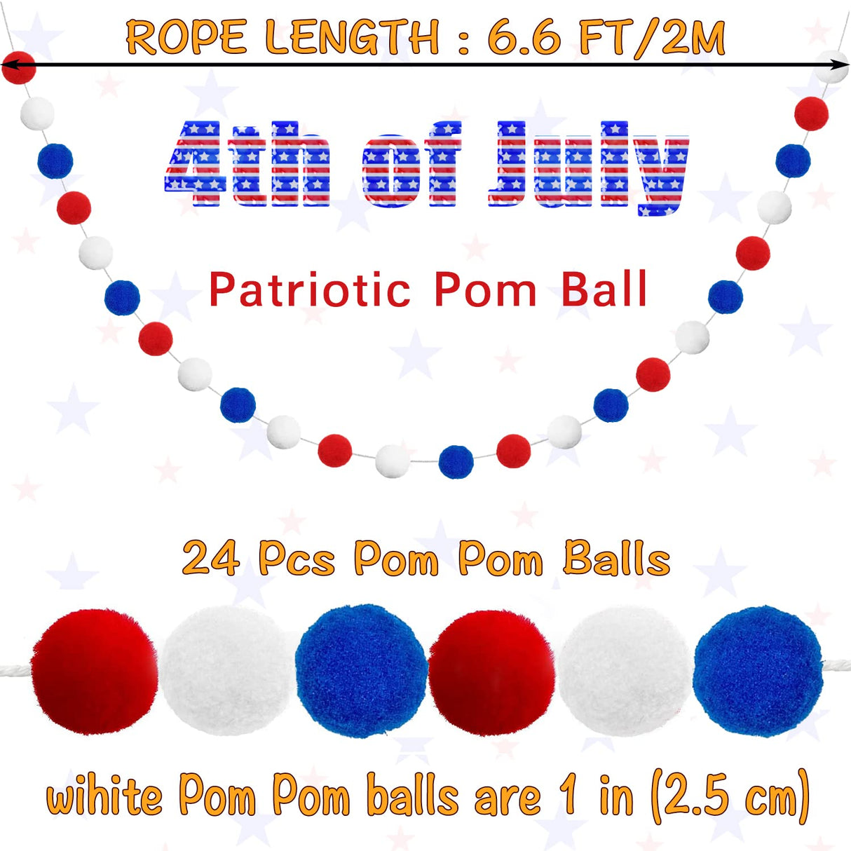 Jishi Pom Pom Garland 4th of July Decorations, Patriotic Red White Blue Felt Ball Garland, 3-Pack 6.6ft Long 24 Cute Pompom Balls String, Christmas Tree Decor Ornaments for Home Birthday Holiday Party Jishi