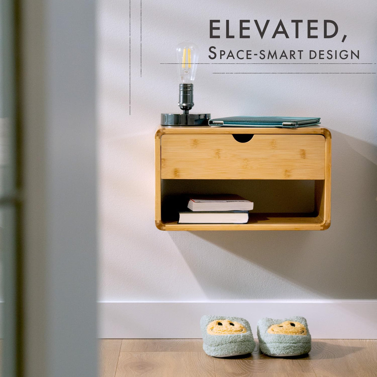 Comfify Modern Floating Nightstand with Drawer – Small, Compact, Minimalist Bamboo Wall-Mount Bedside Shelf, – Midcentury Design, Easy Installation, Clear Instructions - Warm Bamboo Finish Comfify