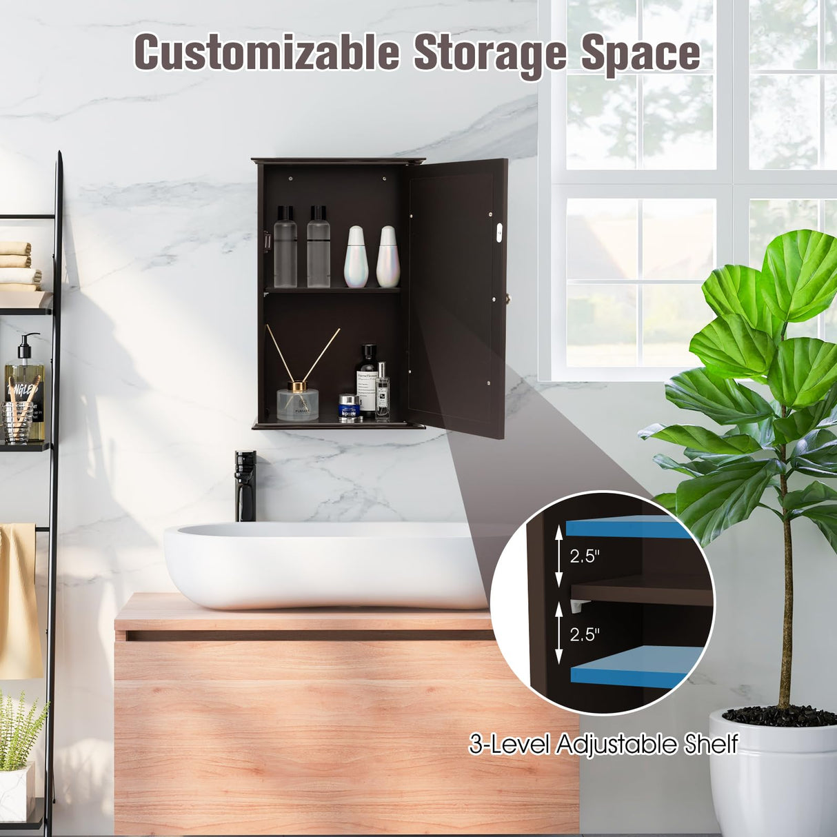 LOKO Bathroom Medicine Cabinet with Mirror, Wall Mounted Storage Cabinet with Single Mirrored Door and Adjustable Shelf for Bathroom, Living Room or Entryway, 13.5 x 6 x 21 inches (Brown) LOKO