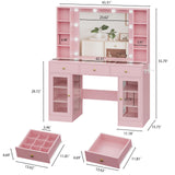 HUANLEGO Pink Vanity Desk with Mirror and Lights, Glass Top Vanity with Lighted Mirror & RGB Glass Cabinet and 3 Drawers, Makeup Vanity Desk with Lights Dressing Table for Bedroom, 3 Color Modes HUANLEGO