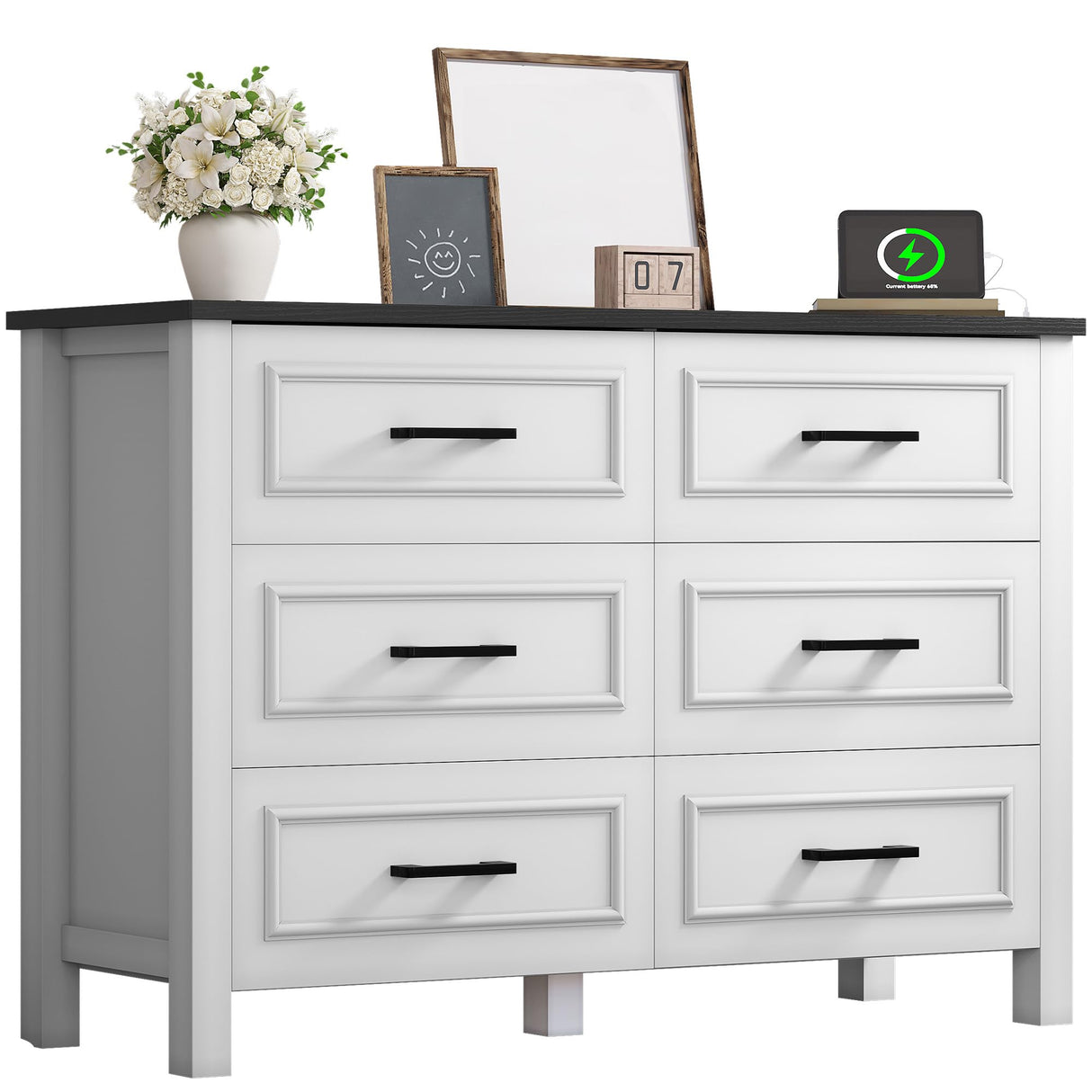 YITAHOME 6-Drawer Dresser with Built-in Power Outlet, Wood TV Stand with 6 Large Drawers & Bar Handles, Dresser Chest of Drawers for Entryway Living Room Hallway, White & Black YITAHOME