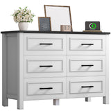 YITAHOME 6-Drawer Dresser with Built-in Power Outlet, Wood TV Stand with 6 Large Drawers & Bar Handles, Dresser Chest of Drawers for Entryway Living Room Hallway, White & Black YITAHOME