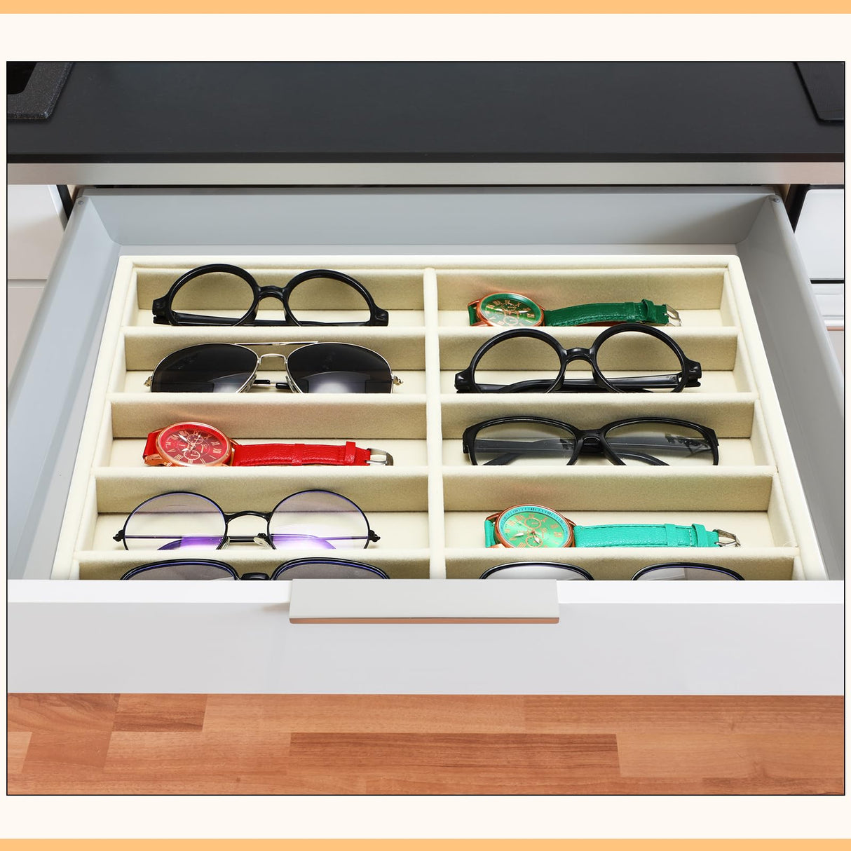 Batiyeer Sunglasses Organizer Storage Tray 10 Grids Eyewear Watch Holder Display Stackable Ice Velvet Tray Women(White,2 Pcs) Batiyeer