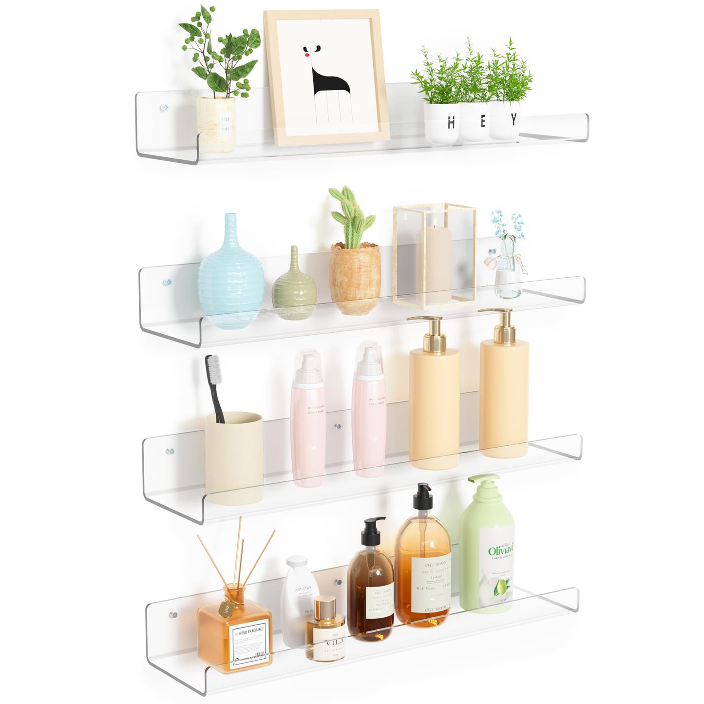 upsimples 4 Pack Acrylic Shelves for Wall Storage, 15" Floating Bookshelves for Kids, Display Shelf Organizer for Bathroom, Bedroom, Living Room, Kitchen, Room Decor, Clear