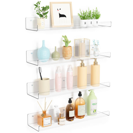 upsimples 4 Pack Acrylic Shelves for Wall Storage, 15" Floating Bookshelves for Kids, Display Shelf Organizer for Bathroom, Bedroom, Living Room, Kitchen, Room Decor, Clear upsimples