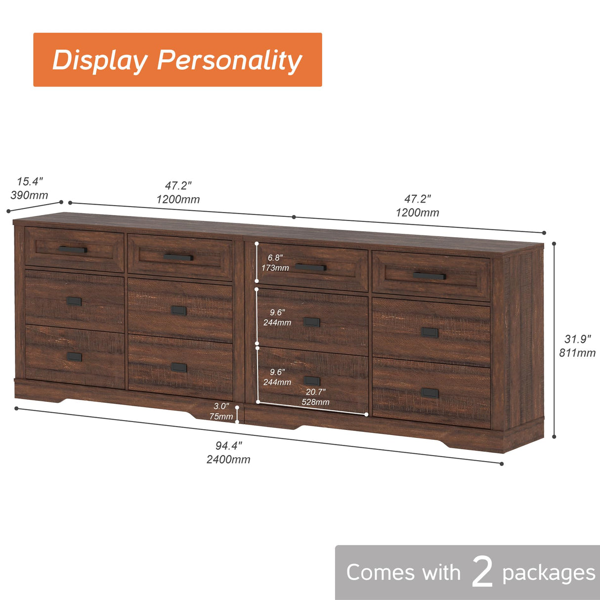 WAMPAT Dresser for Bedroom with 12 Drawers, 2 Pack 6 Drawer Chest with Metal Handles, 94.5 inch Wide Solid Wood Nursery Dresser,Rustic Brown WAMPAT