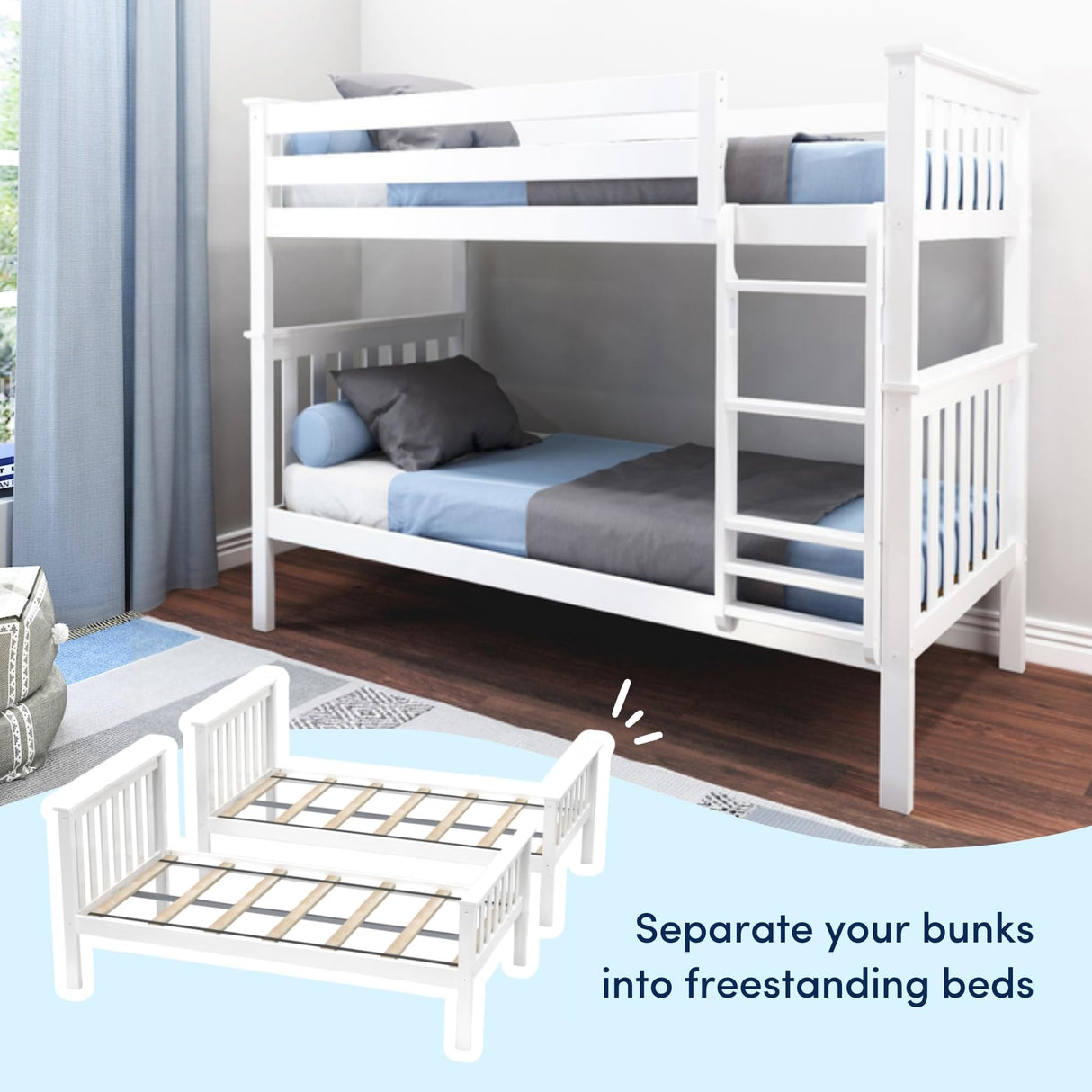 Max & Lily Bunk Bed Twin over Twin, Solid Wood Bunk Bed Frame with Ladder for Kids, 14" Safety Guardrails, Easy Assembly, No Box Spring Needed, White Max & Lily