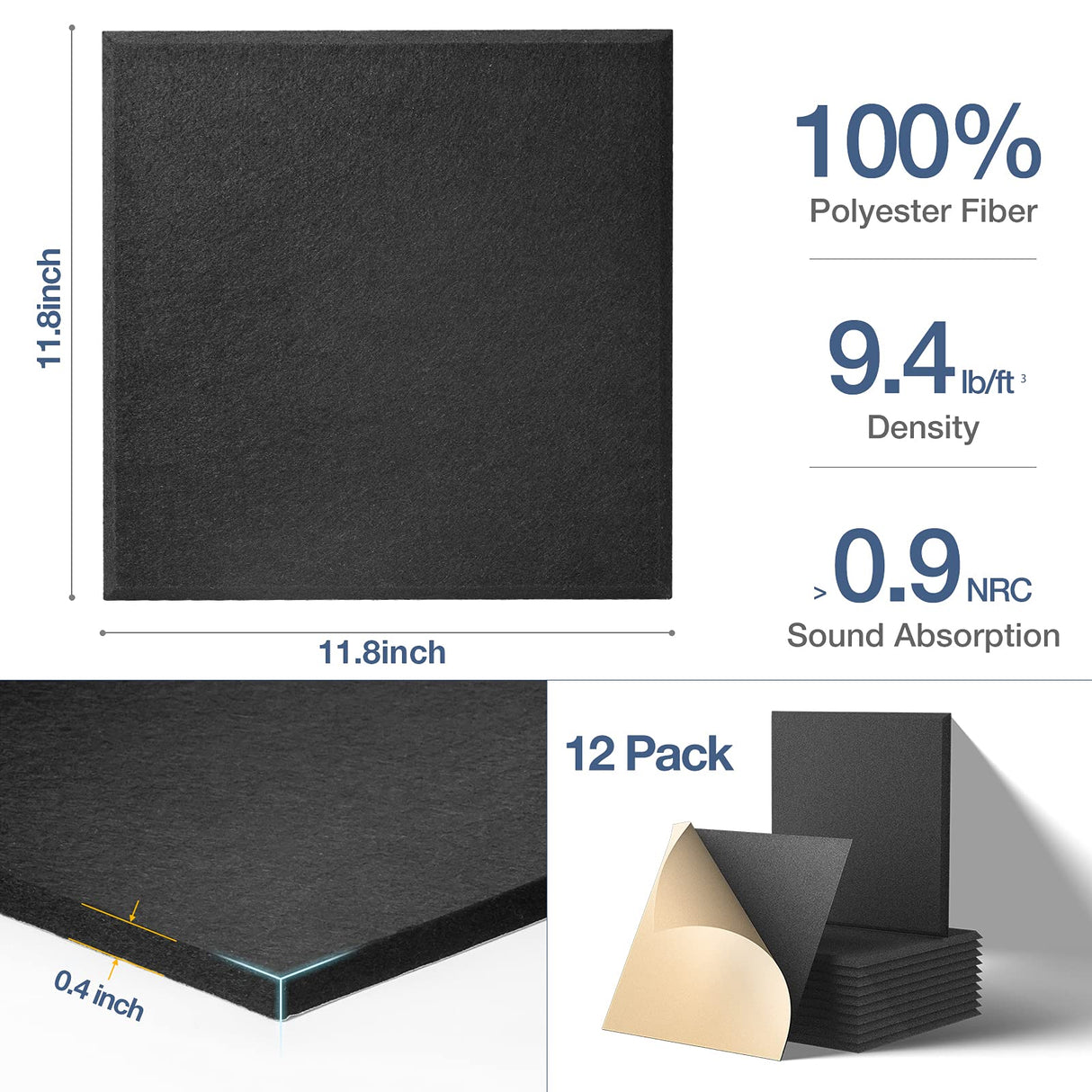 Lebenforce Self-adhesive Acoustic Panels Tiles 12 Pack, 12" X 12" X 0.4" Polyester Sound Proof Padding, High Density Soundproof Wall Panels, Sound Absorbing panel for Home & Offices (Black) Lebenforce