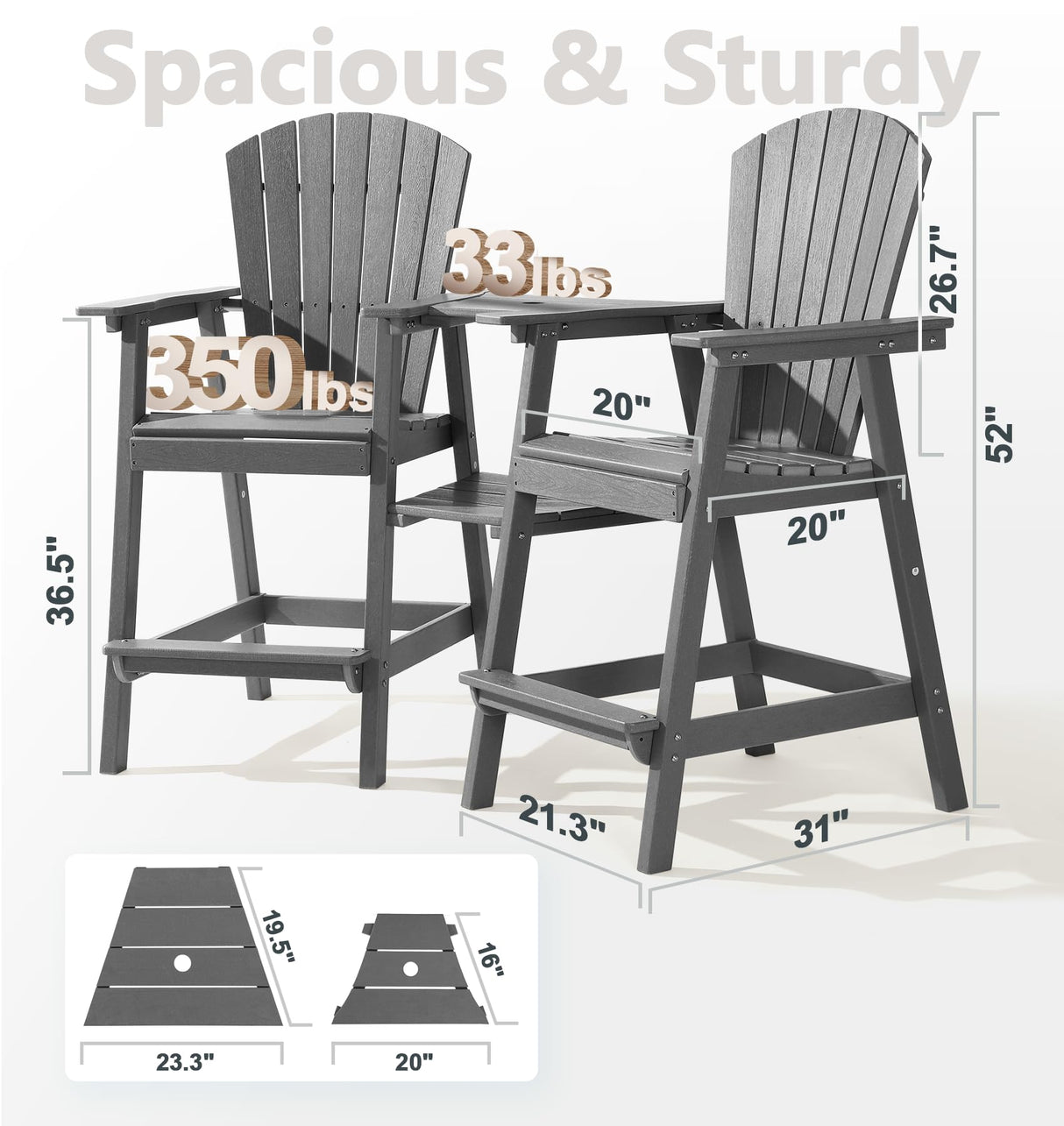 Tall Adirondack Chair Set of 2 with Removable Double Connecting Trays, Recycled HDPE with Wood Grain, Weather Resistant, Outdoor Adirondack Barstools for Deck, Balcony, Patio, Backyard, Light Gray PASAMIC