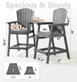 Tall Adirondack Chair Set of 2 with Removable Double Connecting Trays, Recycled HDPE with Wood Grain, Weather Resistant, Outdoor Adirondack Barstools for Deck, Balcony, Patio, Backyard, Light Gray PASAMIC