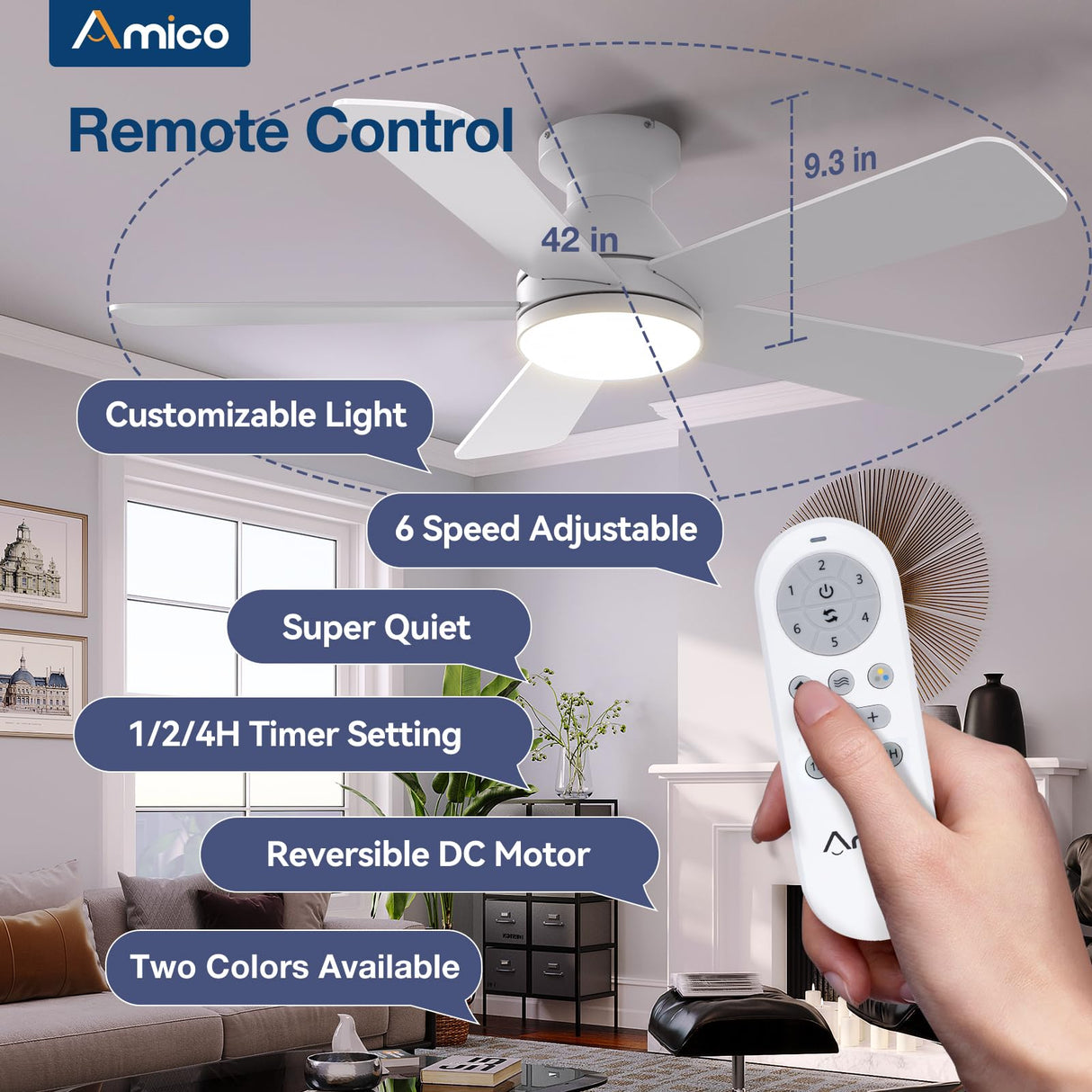 Amico Ceiling Fans with Lights, 42 Inch Low Profile Ceiling Fan with Light and Remote Control, Flush Mount, Reversible, 3CCT, Dimmable, Quiet, White Small Ceiling Fan for Bedroom Outdoor/Indoor Use Amico