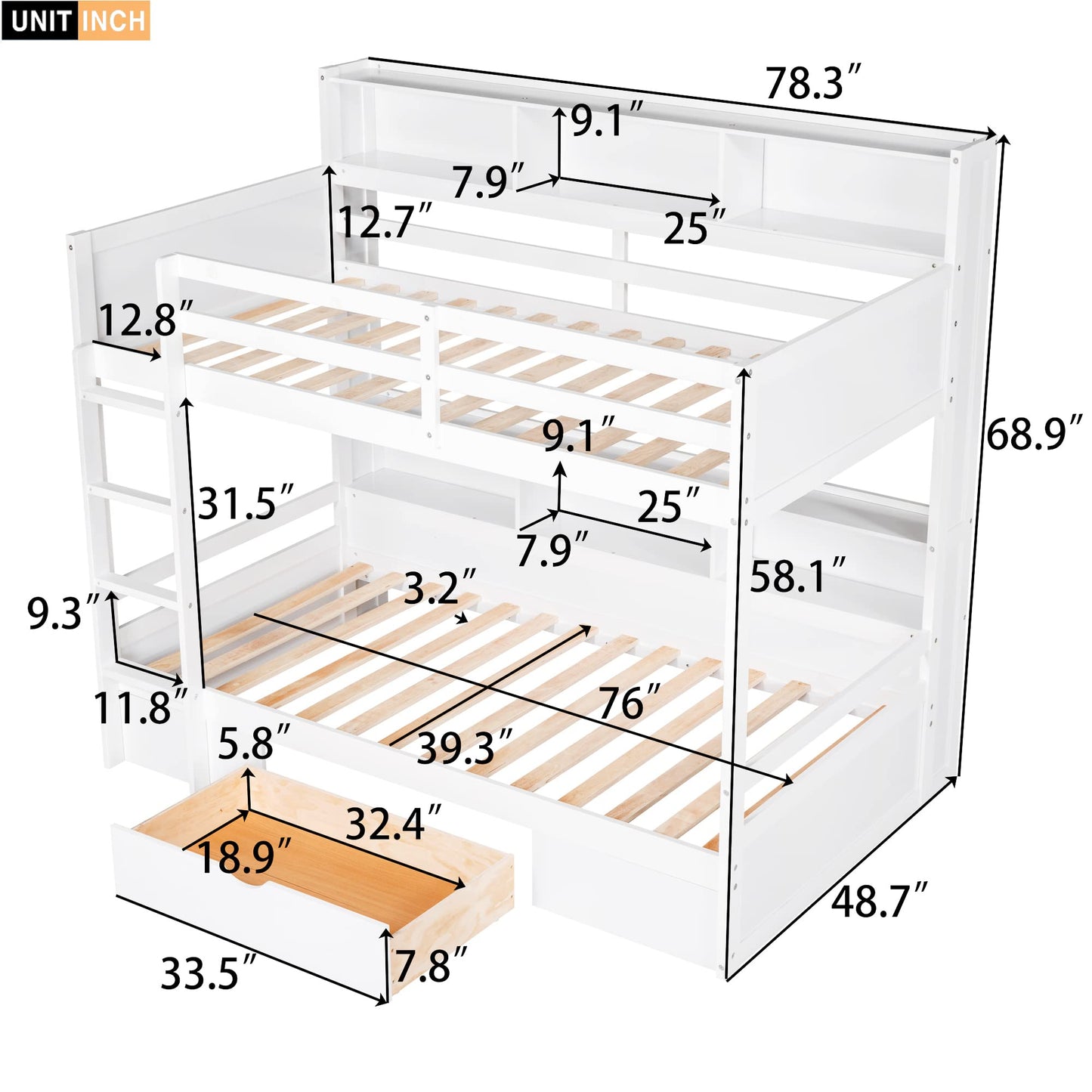 Twin Over Twin Solid Wood Bunk Bed with Storage Drawer and Built-in Shelves by Harper & Bright Designs in White - WoodArtSupply