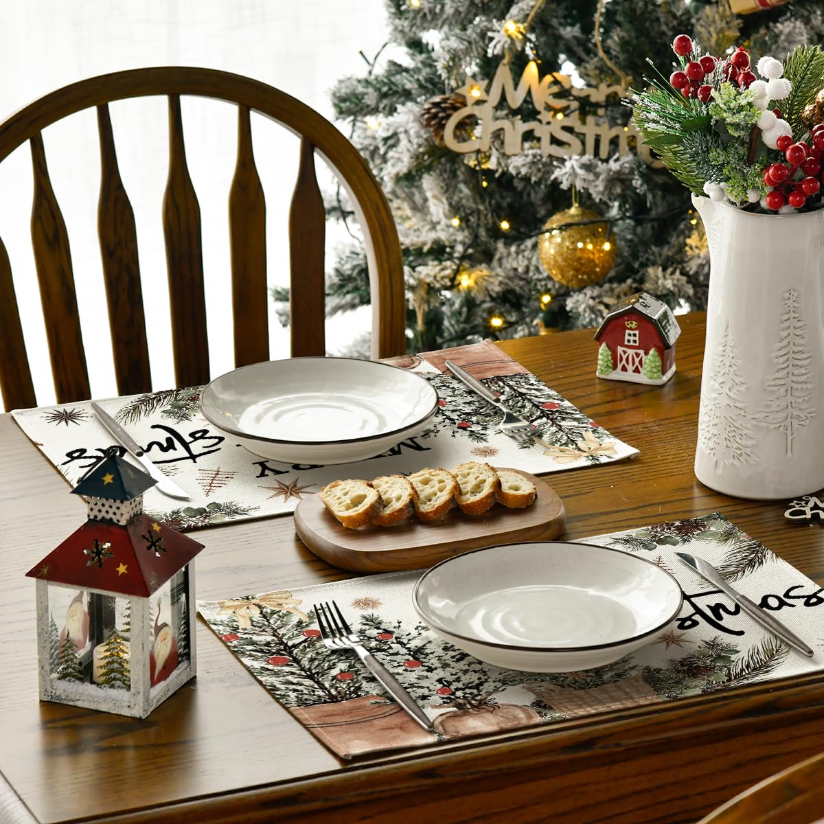 Artoid Mode Xmas Trees Holly Pine Cone Merry Christmas Placemats Set of 6, 12x18 Inch Seasonal Winter Holiday Table Mats for Party Kitchen Dining Decoration Artoid Mode