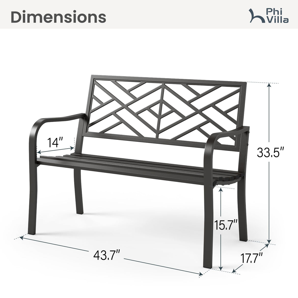 PHI VILLA 43 Inch Cast Iron Steel Frame Outdoor Garden Bench, Patio Furniture Chair Bench w/Line Pattern Design Backrest, Slatted Seat for Park, Yard, Porch - Black PHI VILLA