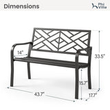 PHI VILLA 43 Inch Cast Iron Steel Frame Outdoor Garden Bench, Patio Furniture Chair Bench w/Line Pattern Design Backrest, Slatted Seat for Park, Yard, Porch - Black PHI VILLA