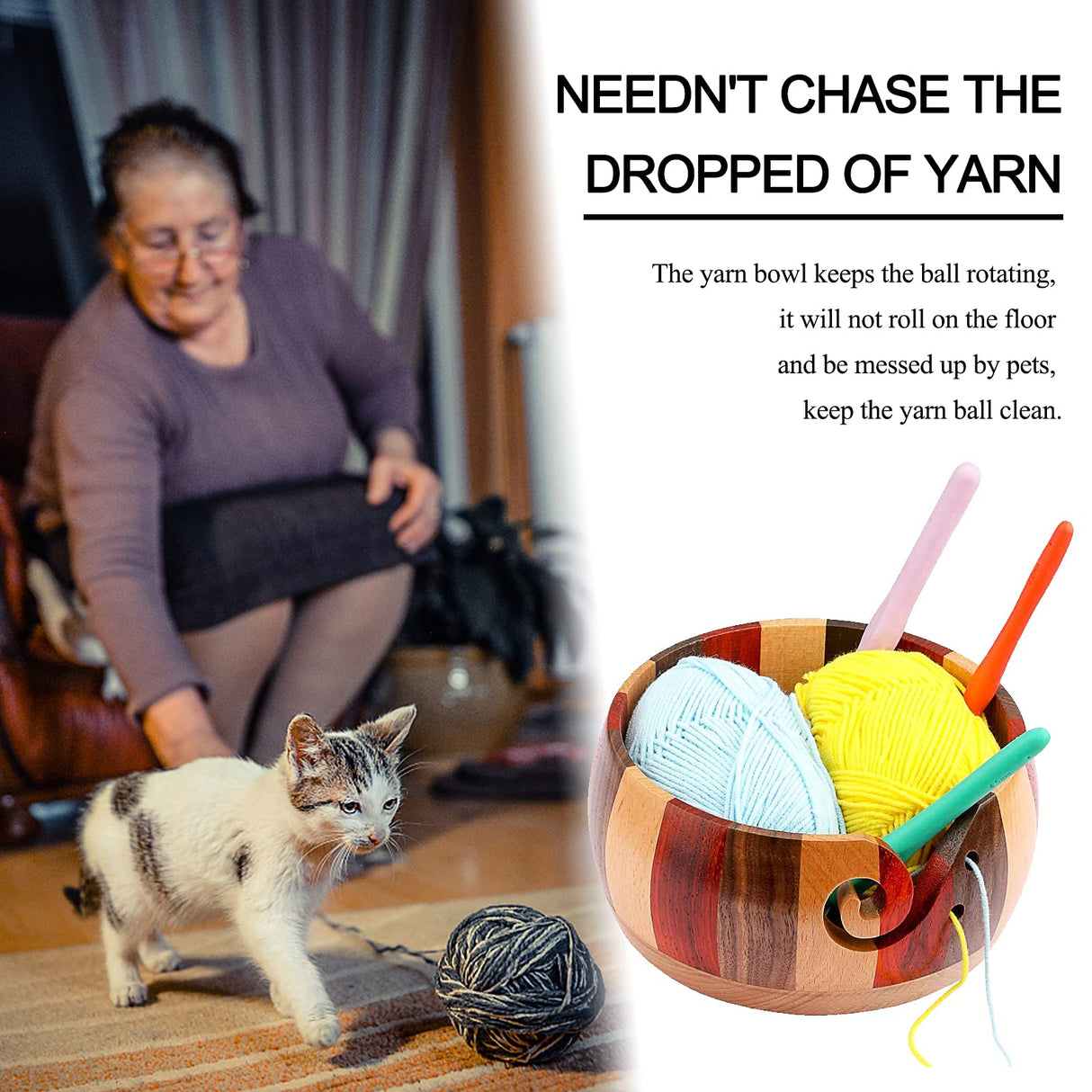 Coopay Wool Yarn Bowl Rosewood, Handmade Wooden Yarn Storage Bowl With Holes, Knitting Wool Storage Bowl Round - Ideal Knitting Crochet Accessories for Knitters Coopay