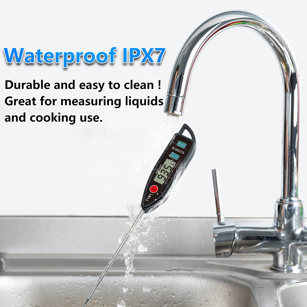 BOMATA Waterproof IPX7 Thermometer for Water, Liquid, Candle and Cooking. Instant Read Food Thermometer with Long Probe for Cooking, Meat, BBQ! T101 (Black Color)… BOMATA