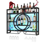 Wine Rack Wall Mounted with Wine Glass Rack Floating Bar Shelves for Liquor Bottles with LED Light Liquor Bottle Display Shelf Wall Bar Cabinet Mini Bar for Home Bar Dining Room Kitchen Living Room(Bl WXZXWXZX