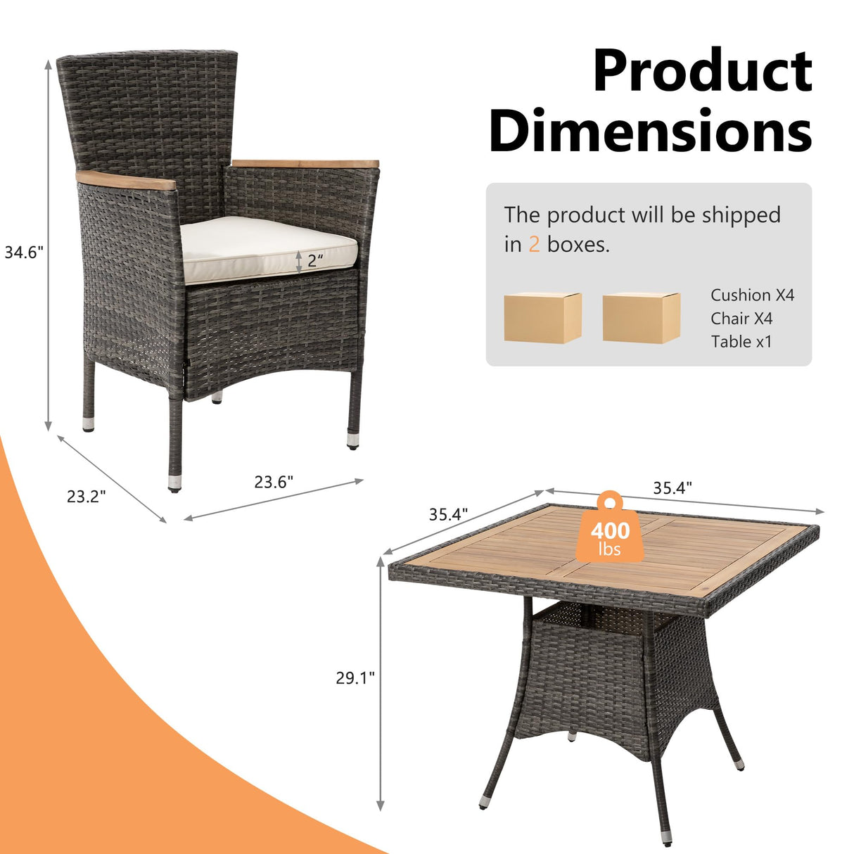 FansaFurn 5 Piece Patio Wicker Dining Sets for 4, Water-Resistant Rattan Outdoor Dining Table and 4 Chairs with Wood Table Top, Conversation Set Removable Cushions for Deck, Garden, Backyard, Gray FansaFurn