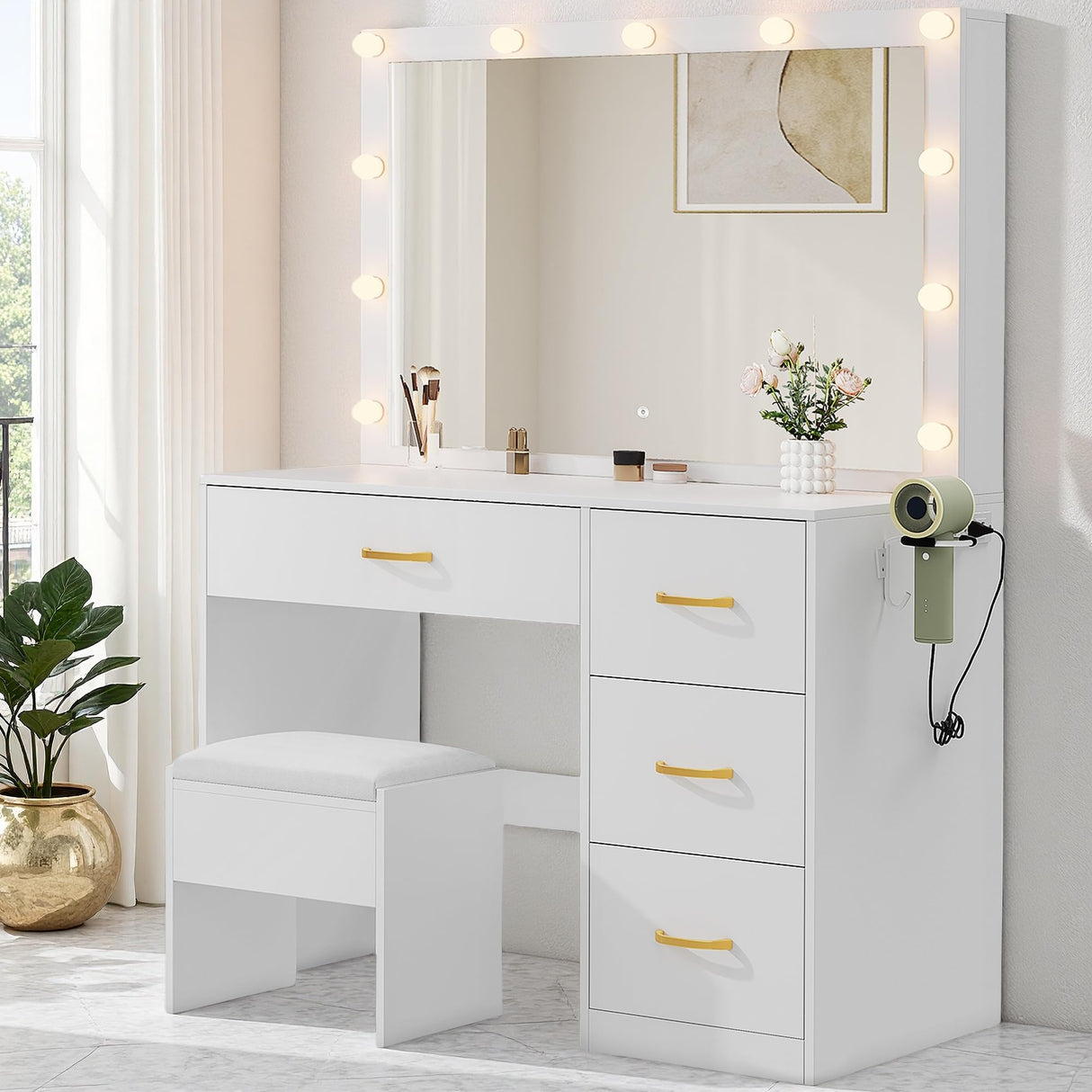 DWVO LED Makeup Vanity Table with 3 Light Modes, 4 Storage Drawers, Built-in Power Outlets & Hairdryer Holder, Dressing Table with Cushioned Stool DWVO