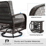 VONZOY 3 Pieces Patio Furniture Set, Outdoor Swivel Glider Rocker, Wicker Patio Bistro Set with Rocking Chair, Thickened Cushions and Table for Porch (Grey) VONZOY