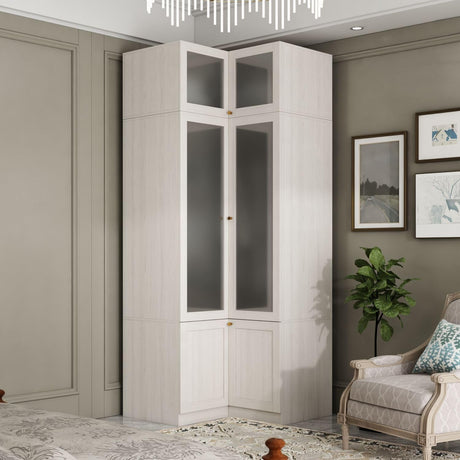 TAMUNE L-Shape Wardrobe Armoire Closet with Hanging Rod & Shelf, Bedroom Armoire with Frosted Glass Doors, Top Cabinets & Gold Knobs, Wood Grain, 35.4”D x 35.4”W x 86.6”H TAMUNE