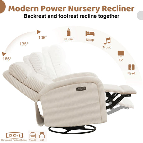 AEMEIOS Power Nursery Swivel Recliner, Electric Rocking Recliner with USB and Type-C Port, Swivel Glider Nursery Recliners for Living Room,Corduroy White AEMEIOS