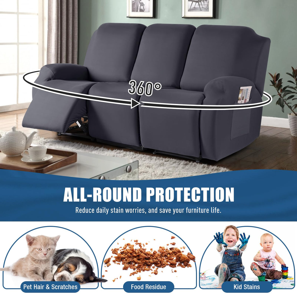 TAOCOCO Recliner Sofa Slipcover, 3 Pieces Polyester Fabric Stretch Sofa Covers for 3 Seat Reclining Couch, Soft Washable Furniture Protector with Pockets (3 Seat, Dark Gray) TAOCOCO