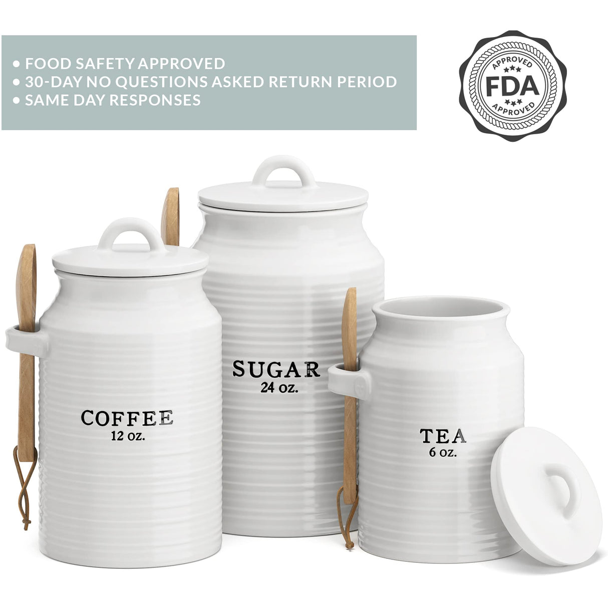 Barnyard Designs Canister Set for Kitchen Counter, Coffee Tea Sugar Container Ceramic Set, Decorative Canisters, Rustic Farmhouse Canister Jars, White (Coffee/Sugar/Tea) Barnyard Designs