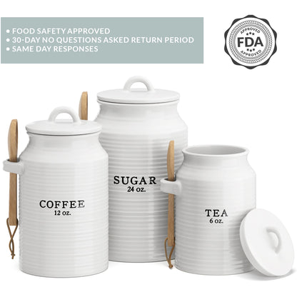 Barnyard Designs Canister Set for Kitchen Counter, Coffee Tea Sugar Container Ceramic Set, Decorative Canisters, Rustic Farmhouse Canister Jars, White (Coffee/Sugar/Tea)