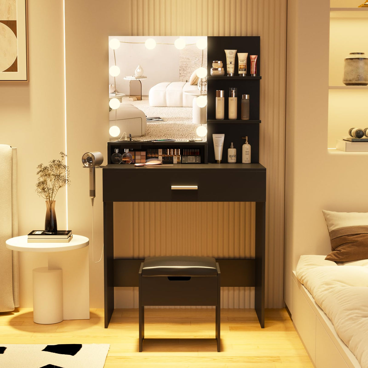 Fameill Makeup Vanity Table with Lighted Mirror & Charging Station, Black Vanity Set Vanity Desk with 3 Lighting Modes, Brightness Adjustable, 31.5in(W) Fameill