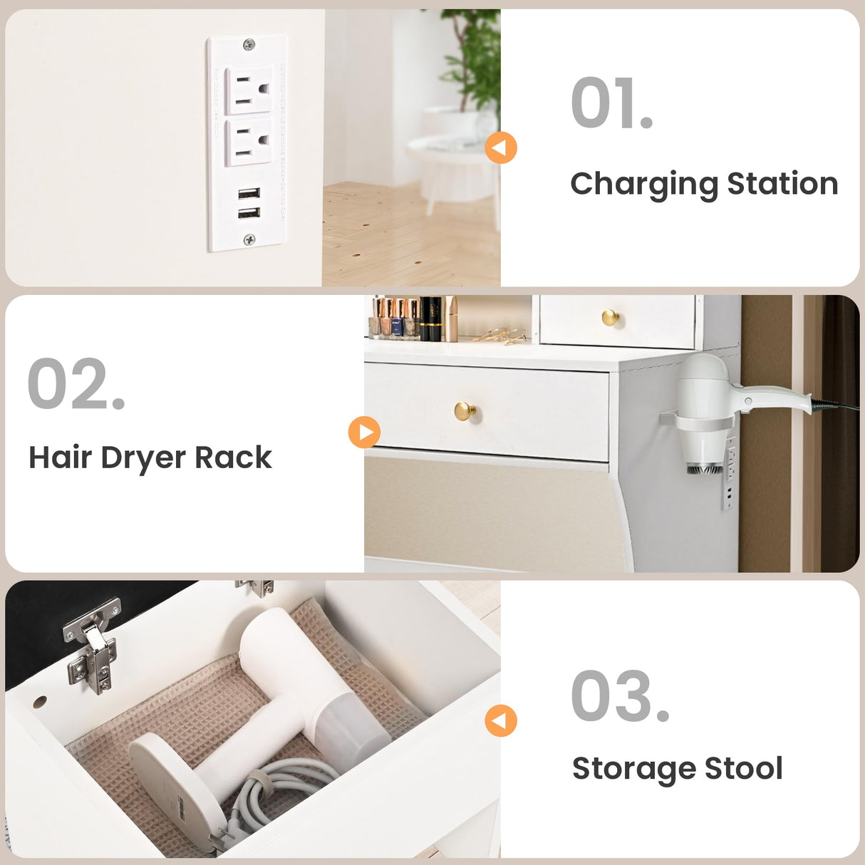 Pamapic Vanity Desk with Upgraded Silent Slides, Golden Handles 3 Lighting Modes Small Vanity with Charging Station, Makeup Vanity with Lights and Storage Vanity Benches Pamapic