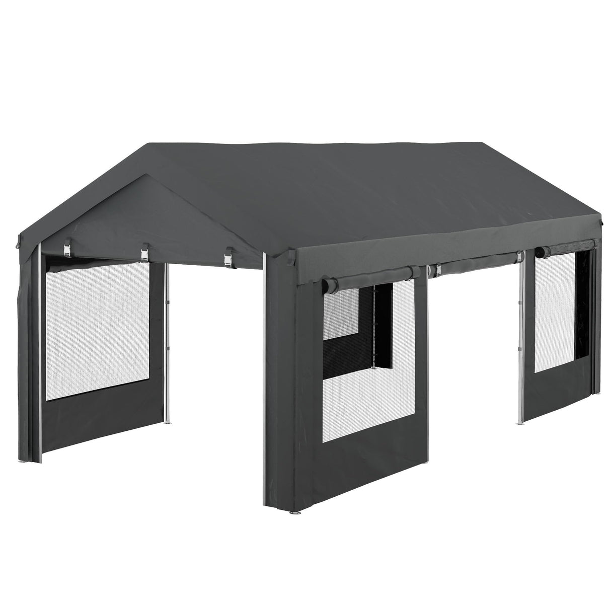 Outsunny Carport 10' x 20' Portable Garage, Height Adjustable Heavy Duty Car Port Canopy with 4 Ventilated Windows & 4 Roll-up Doors for Garden Tools, Car, Truck, Boat, Dark Gray Outsunny