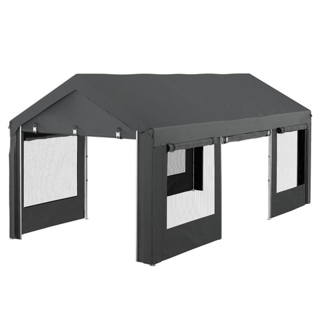 Outsunny Carport 10' x 20' Portable Garage, Height Adjustable Heavy Duty Car Port Canopy with 4 Ventilated Windows & 4 Roll-up Doors for Garden Tools, Car, Truck, Boat, Dark Gray Outsunny