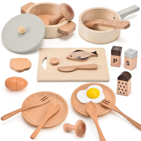 Atoylink Play Kitchen Accessories Wooden Toys Pots and Pans for Kids 23Pcs Montessori Kitchen Pretend Play Food Cooking Set for Toddler Boys Girls Age 2 3 4 5 Birthday Gifts Atoylink