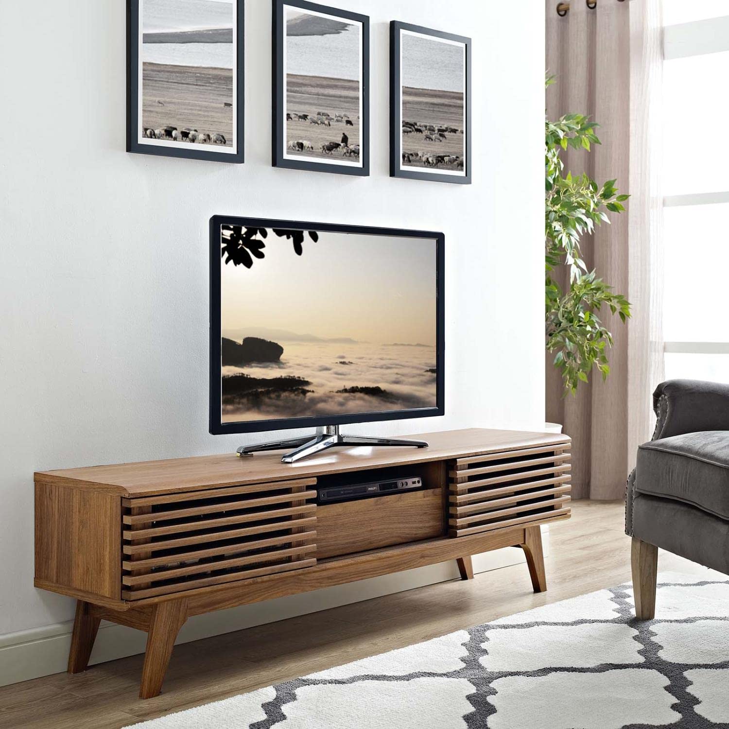 Modway Render Mid-Century Modern Low Profile 59 Inch TV Stand in Walnut - WoodArtSupply