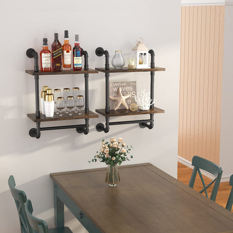 Helsin Industrial Pipe Floating Bathroom Shelves Wall Mounted with Towel bar, 2 Tier Rustic Wood Wall Shelf, 16inch Metal Towel Rack Storage Bookshelf for Bathroom, Kitchen, Farmhouse, Living Room Helsin